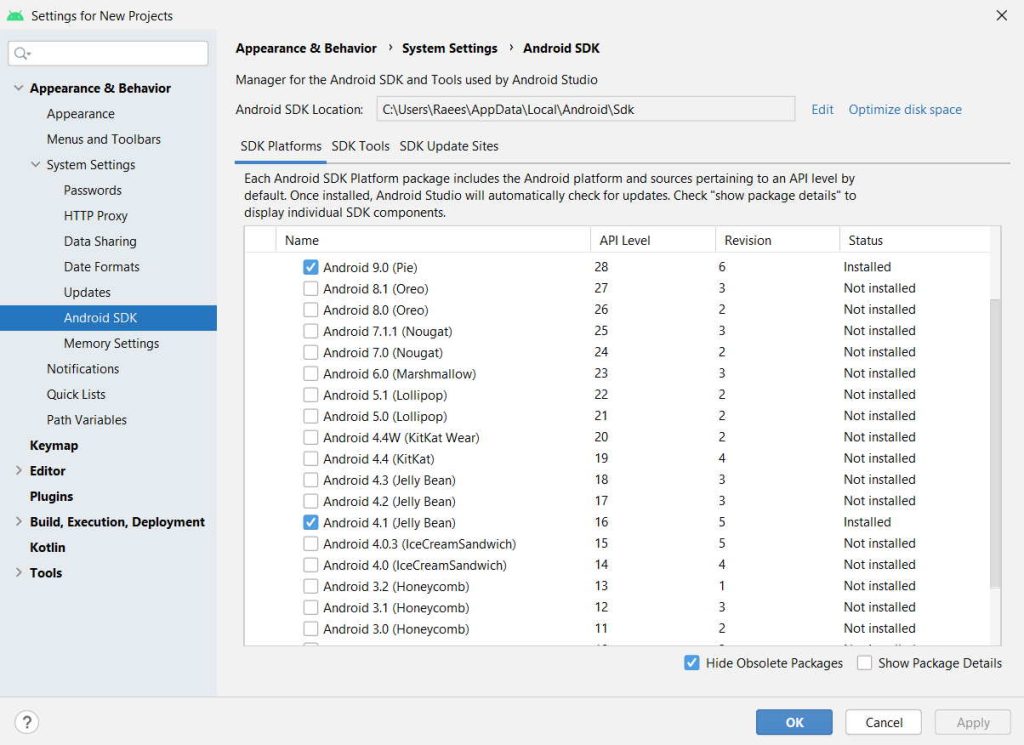 android studio sdk manager install old version of sdk